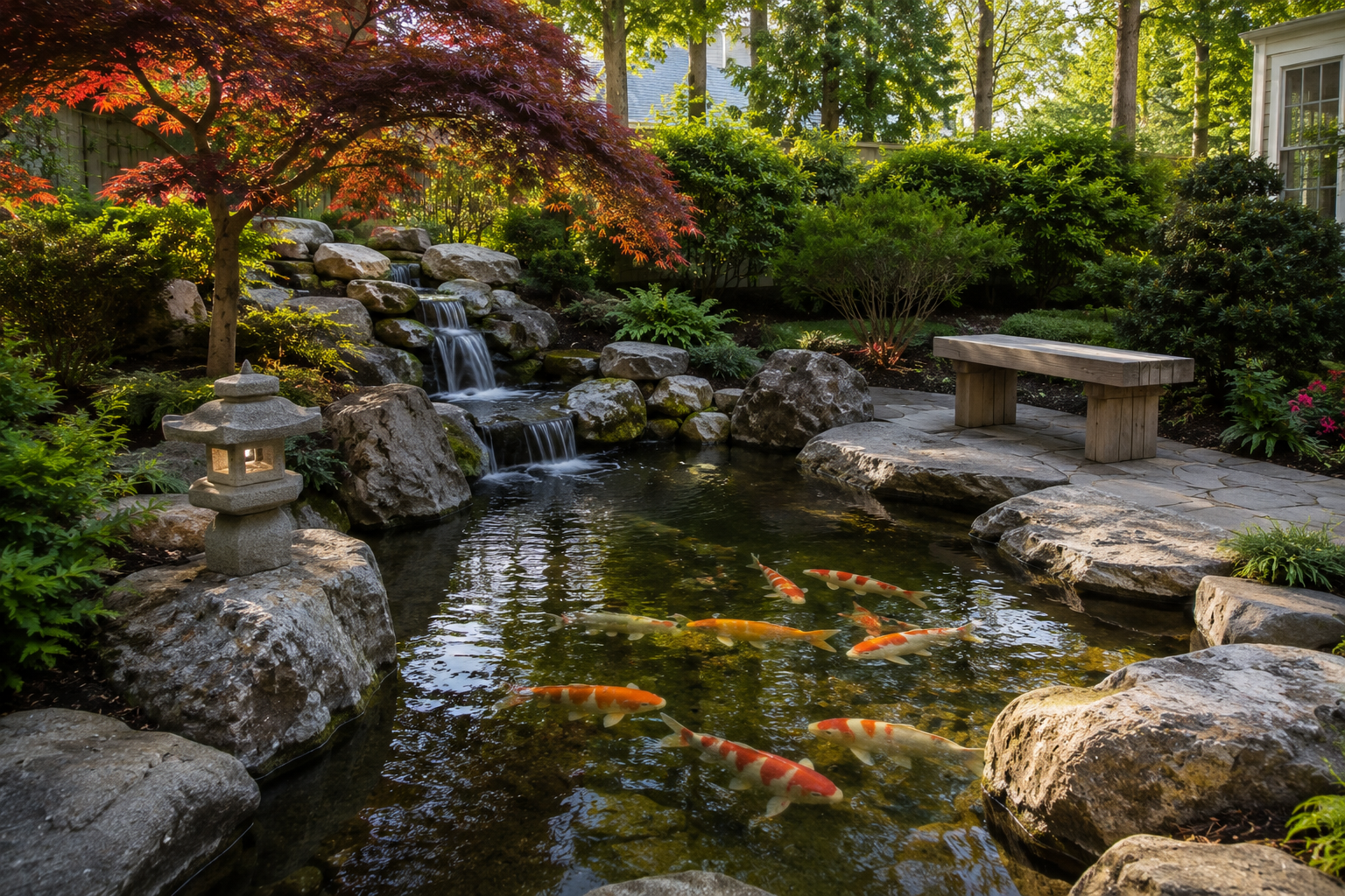 Japanese garden inspired koi pond in Hampton Virginia backyard
