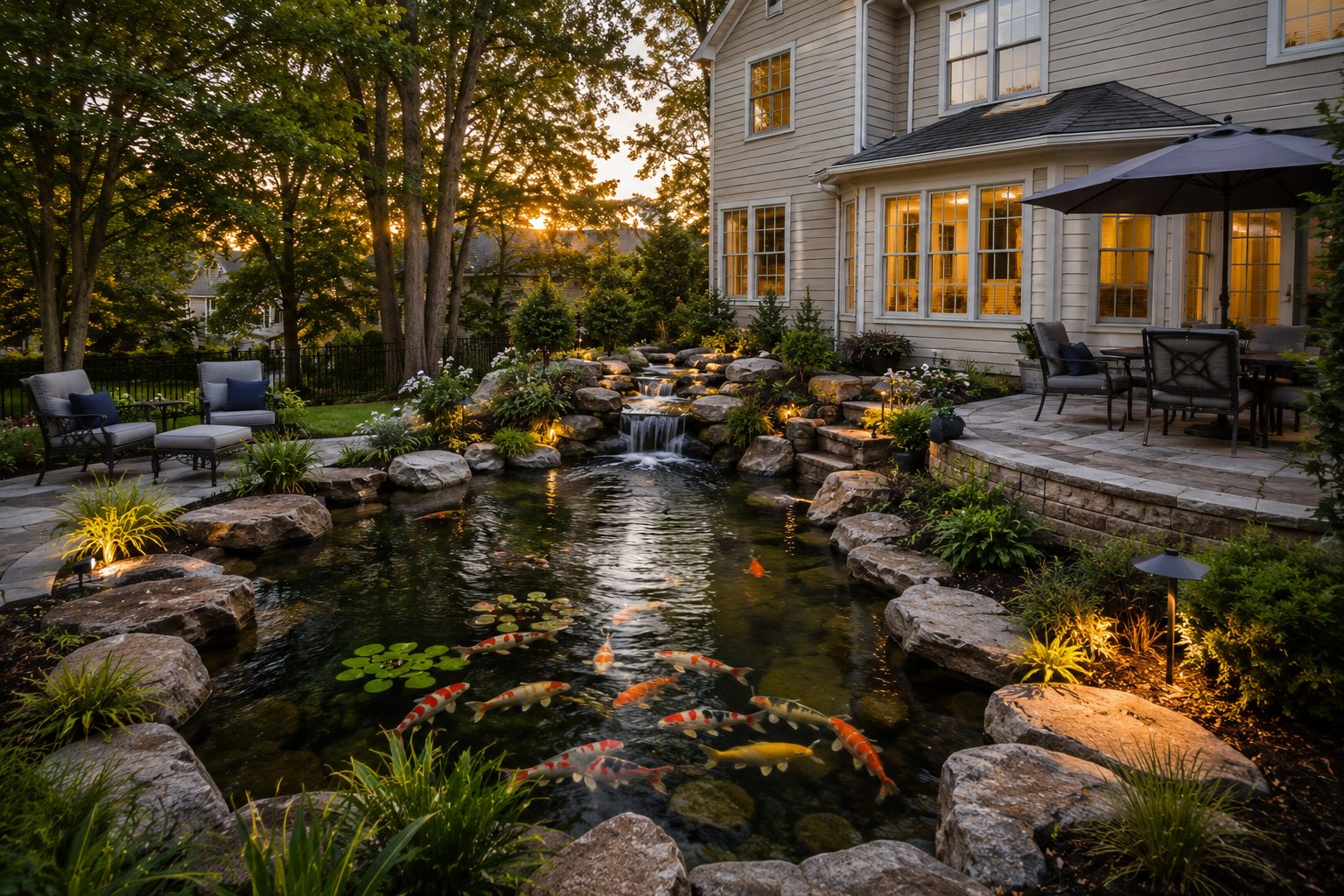 Koi pond backyard retreat in Hampton Virginia with natural stone and evening lighting