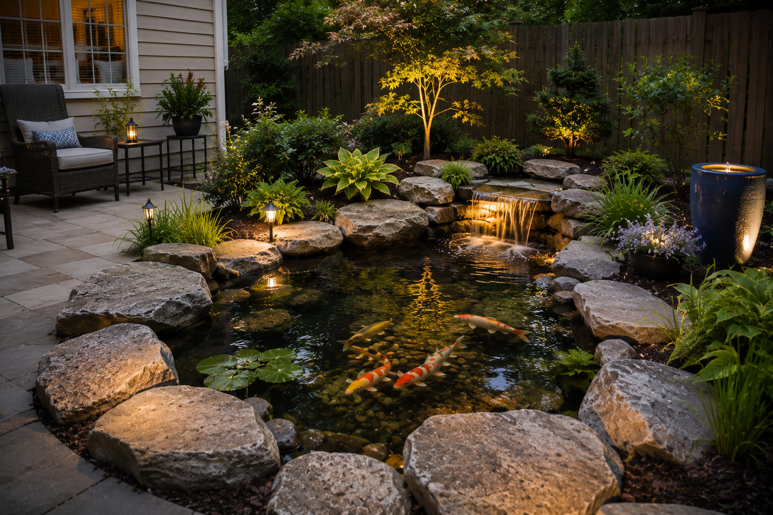 Outdoor lighting around koi pond in Hampton VA backyard