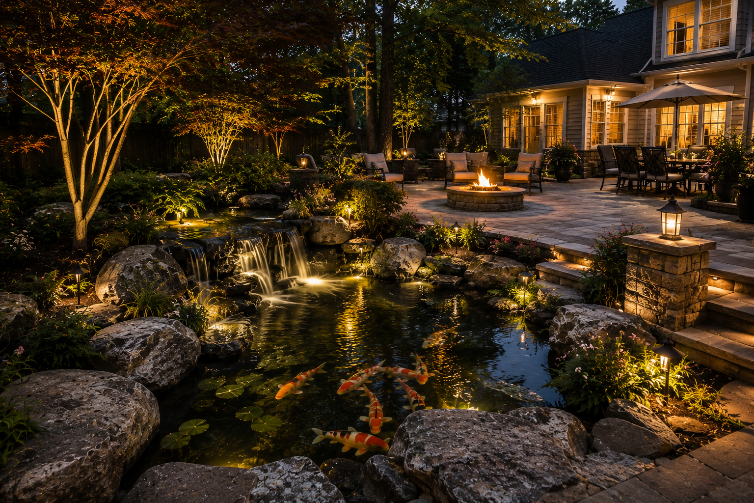 Luxury outdoor retreat with koi pond and seating area in Hampton Virginia