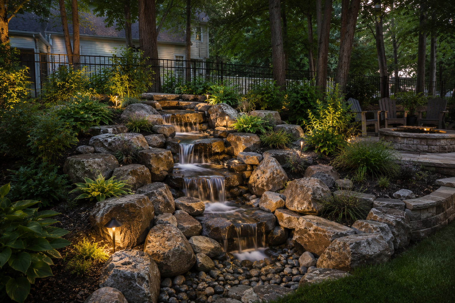 Pondless waterfall with natural stone for a Hampton VA backyard retreat